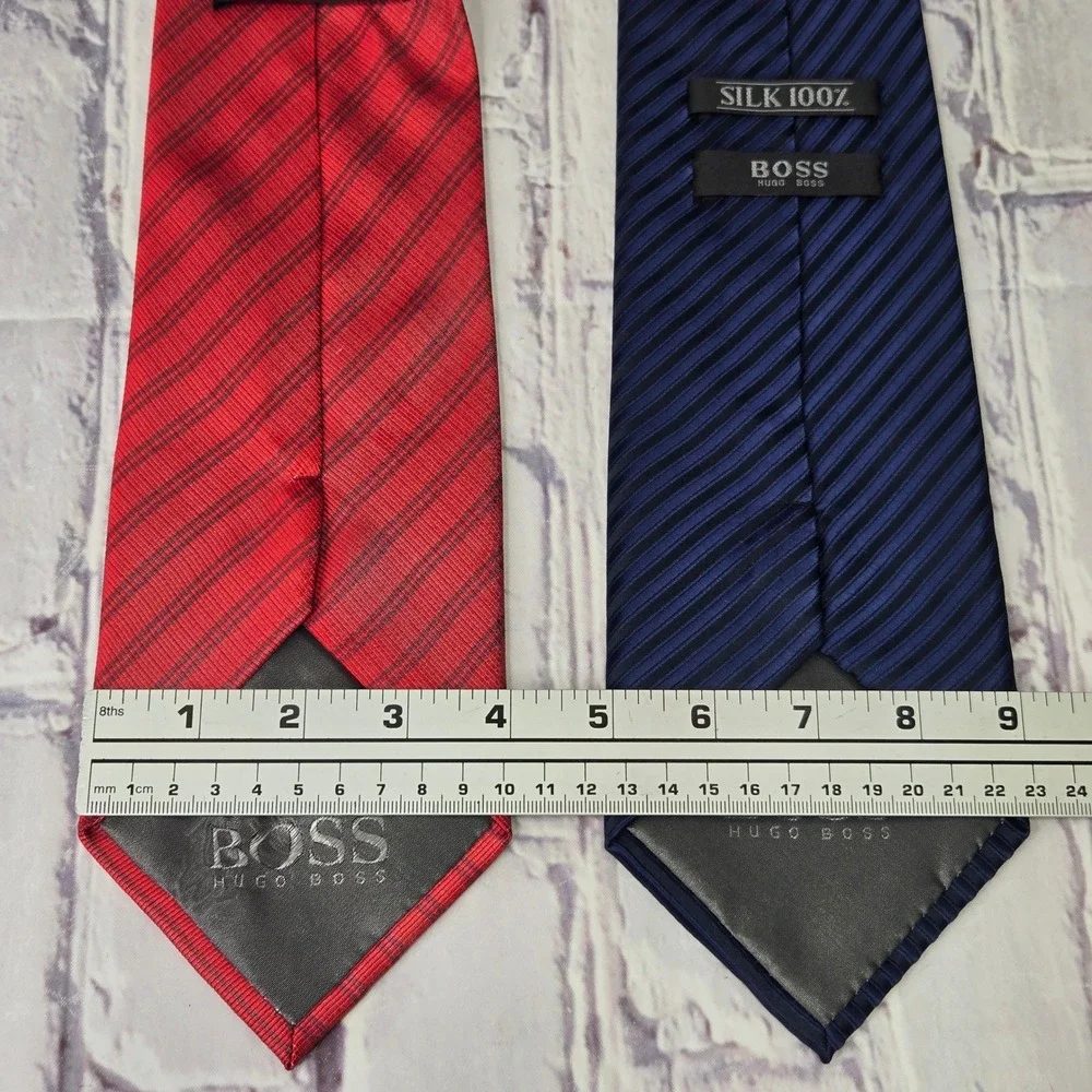 Lot of 2 Hugo Boss Neckties Red Navy Blue Striped Silk Business Formal Set Mens